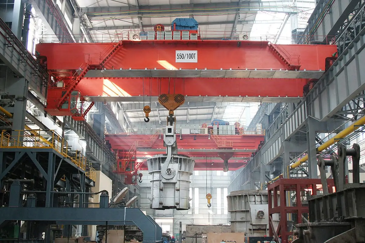 overhead crane lifting steel in steel plant